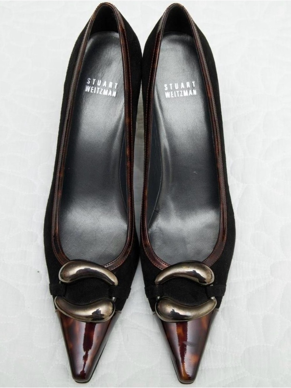 Stuart Weitzman Kitten Heels with Tortoiseshell Pointed Toe and Silver Hardware